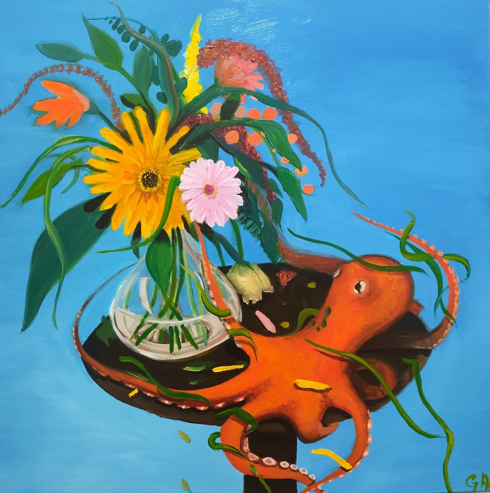 A colorful painting of a vase with flowers and an octopus on a blue background.