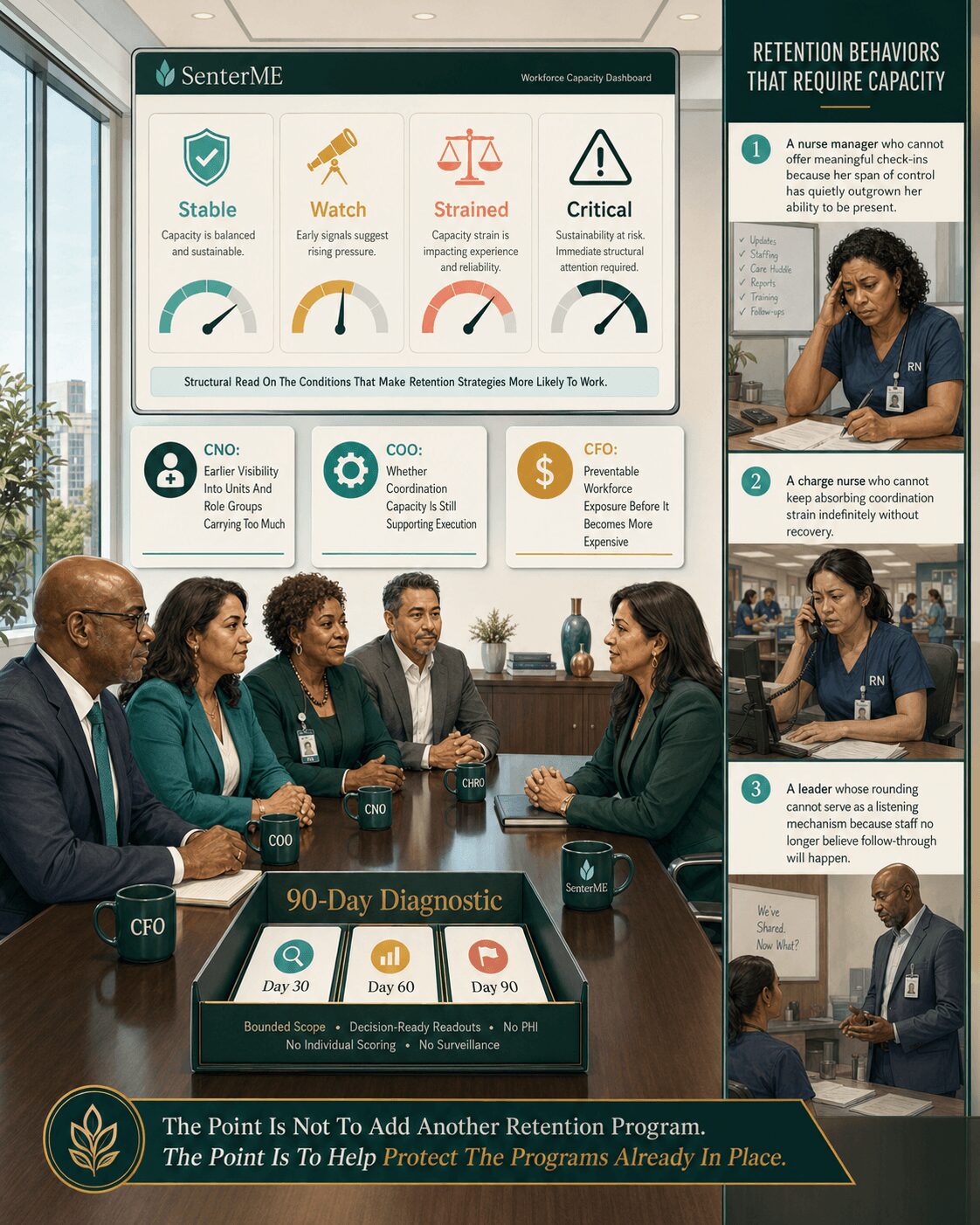 Group of six professionals seated around a conference table, discussing, with a large presentation screen behind them displaying retention behavior metrics and a 90-day diagnostic chart.