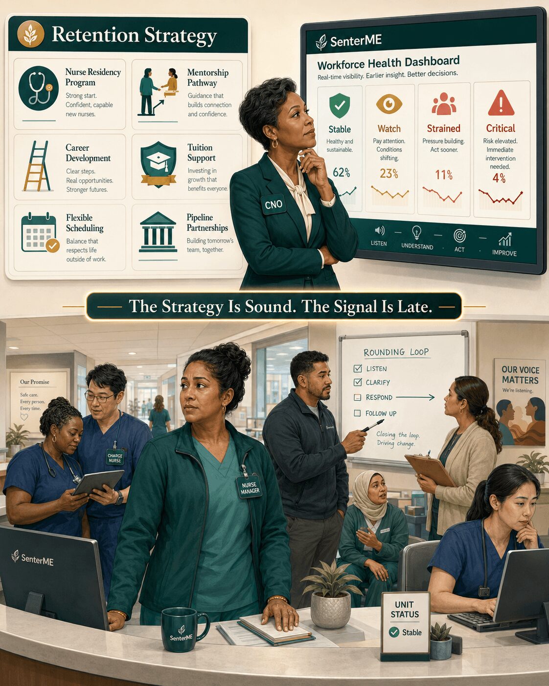 Group of healthcare professionals in a busy office, discussing data on a large screen and working at desks.