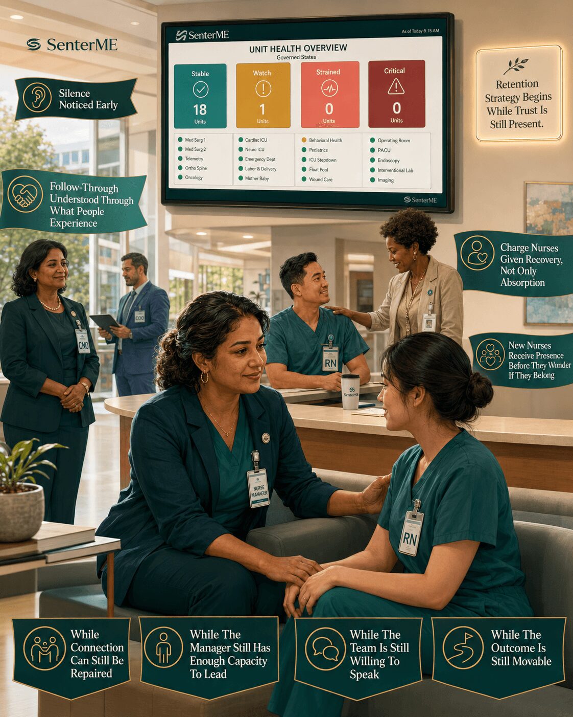 Healthcare professionals in a waiting area, some seated and some standing, with digital health overview screen in background.
