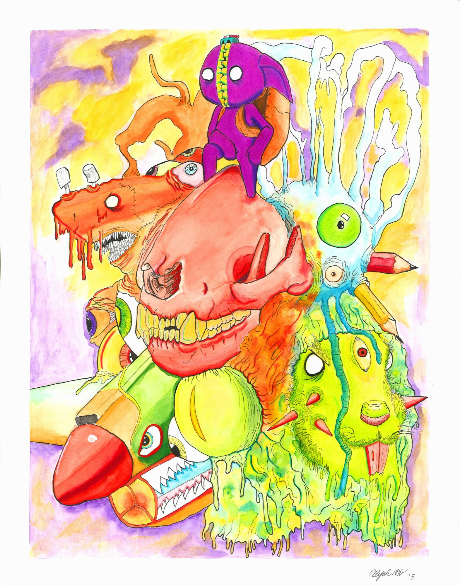 Colorful abstract illustration with various cartoonish creatures and faces, including a large pink face, a purple character, and a green face.