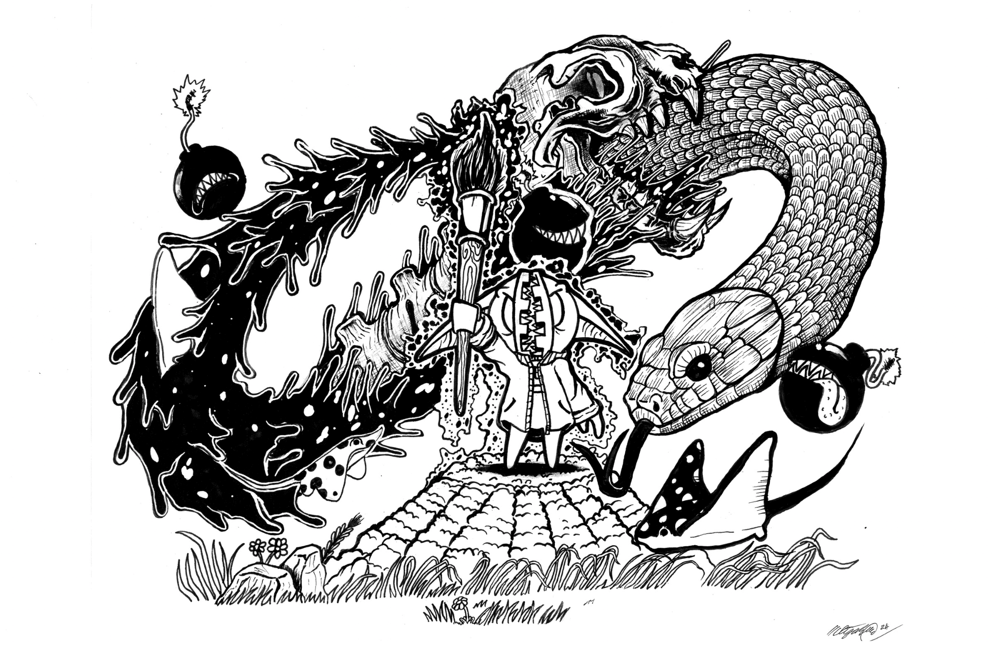 A person stands on a rock surrounded by a dragon, snake, and various creatures in a black and white illustration.
