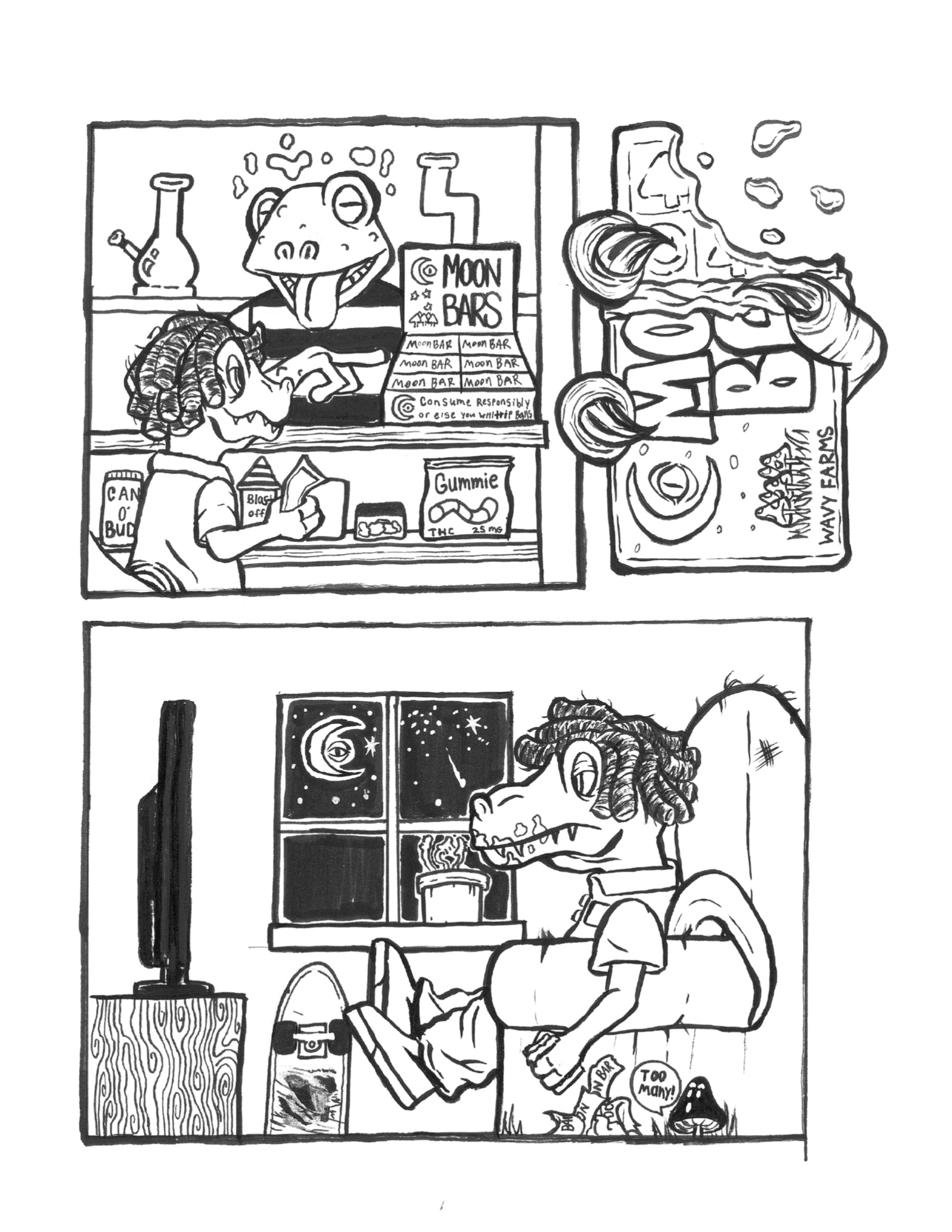 Person with curly hair watches TV, dog sitting in chair, window shows night sky with moon and stars, various objects in room.
