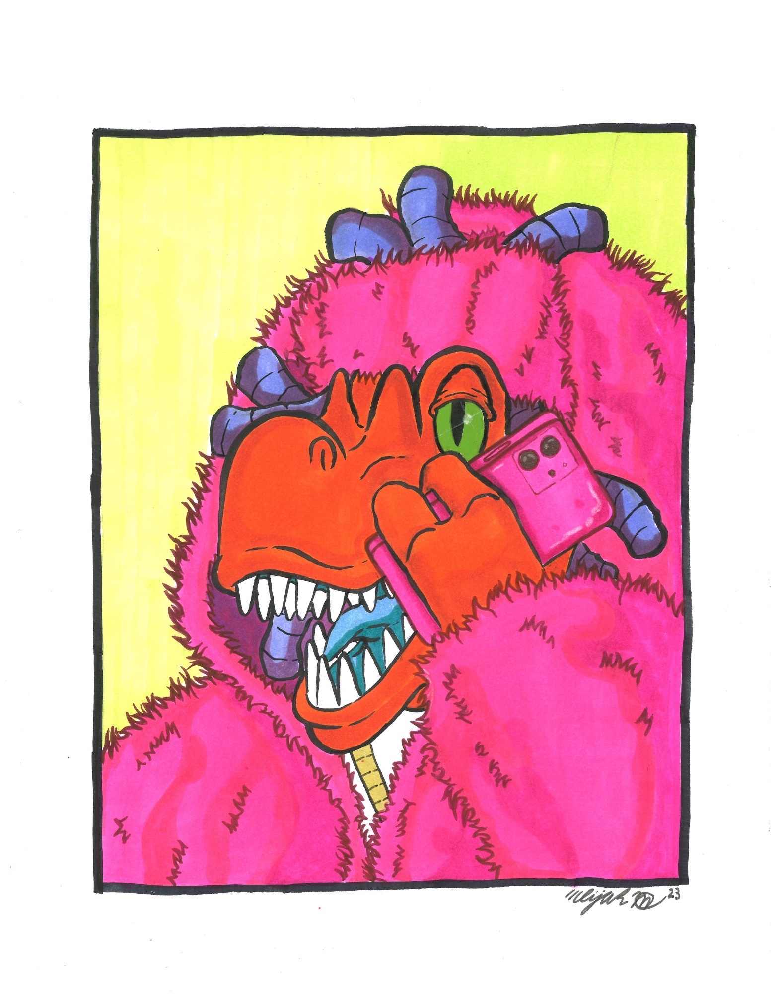Colorful drawing of a dinosaur with pink fur, green eye, and sharp teeth, holding a pink phone, against a yellow background.