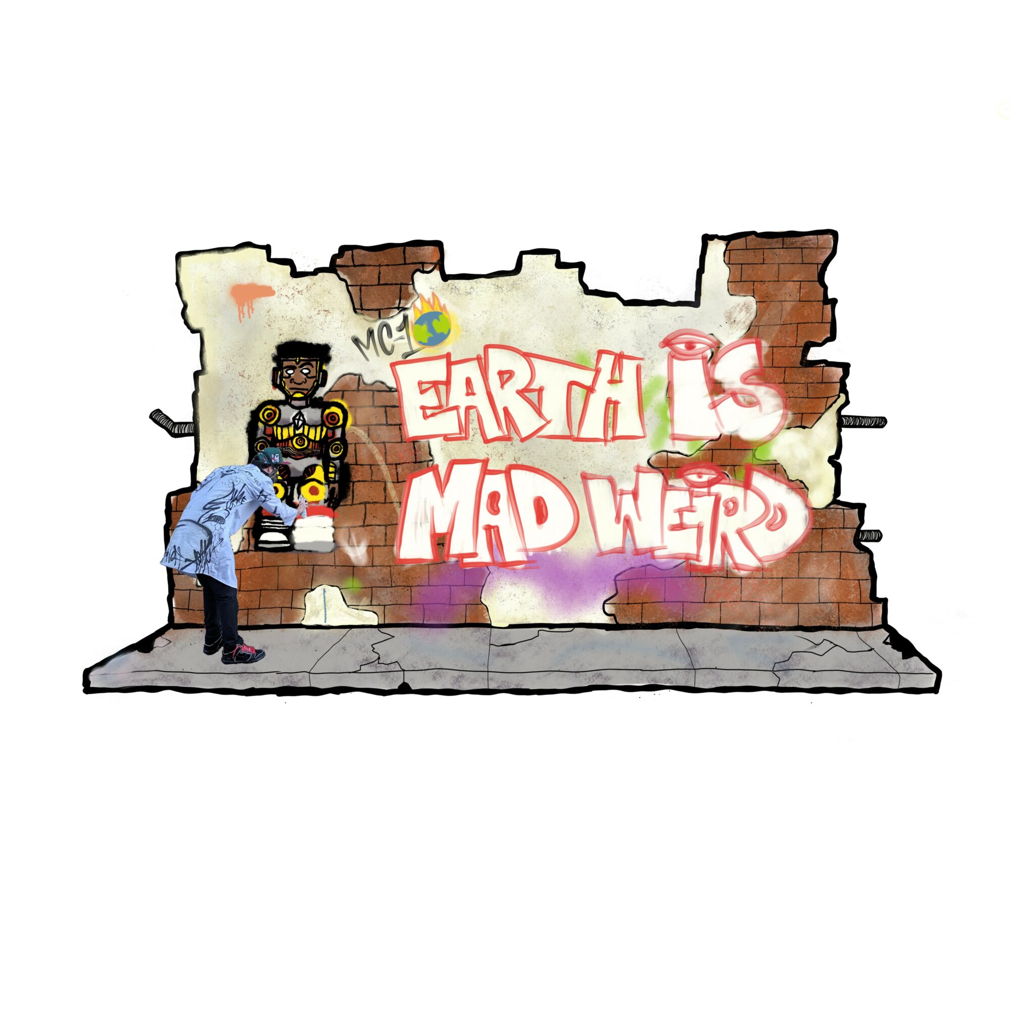 Two children spray paint graffiti on a brick wall, with colorful tags and a partially painted section, against a white background.