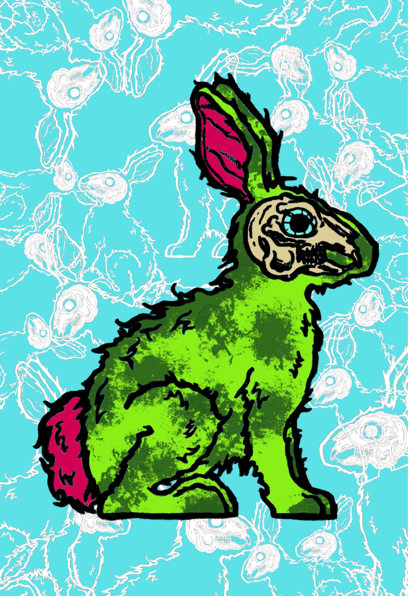 Colorful, cartoon-style rabbit with pink and green fur, large ears, and a detailed face, sitting against a blue background with white outlines.