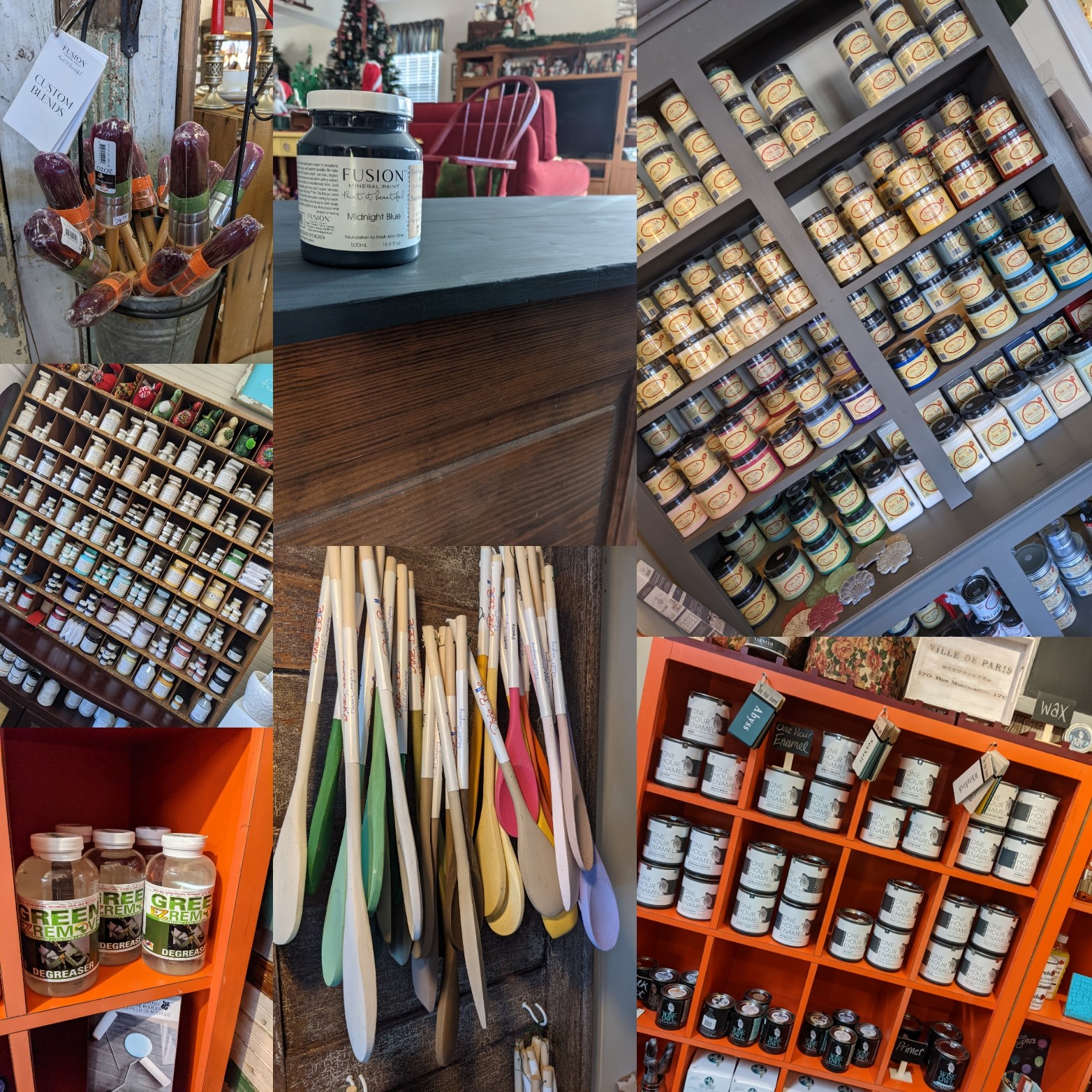 Display of various jars and bottles, wooden sticks, and shelves with small containers in a store setting.