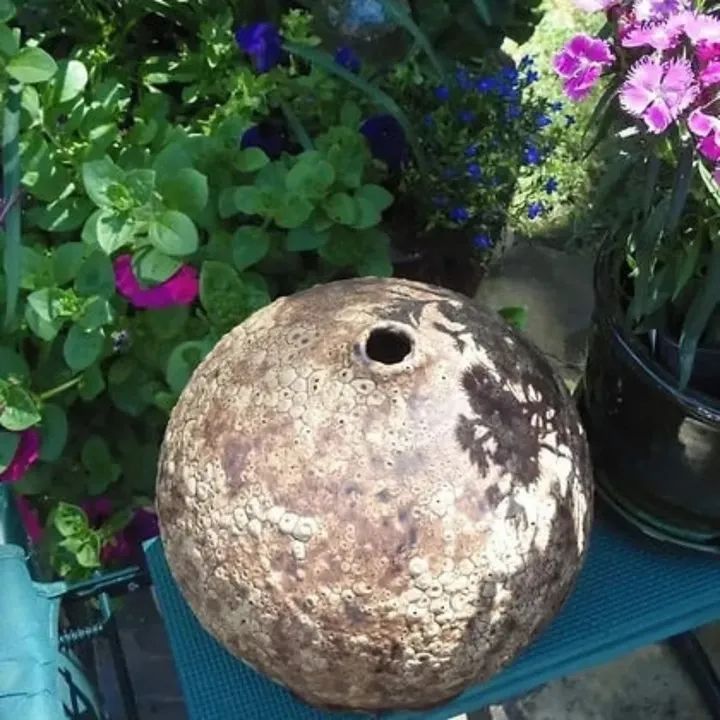Round, textured object with a hole on top, surrounded by green plants and purple flowers.