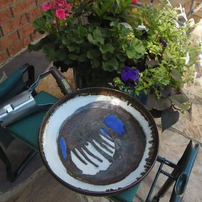 Empty ceramic plate with blue and black design, placed on a green outdoor chair, with potted flowers in the background.