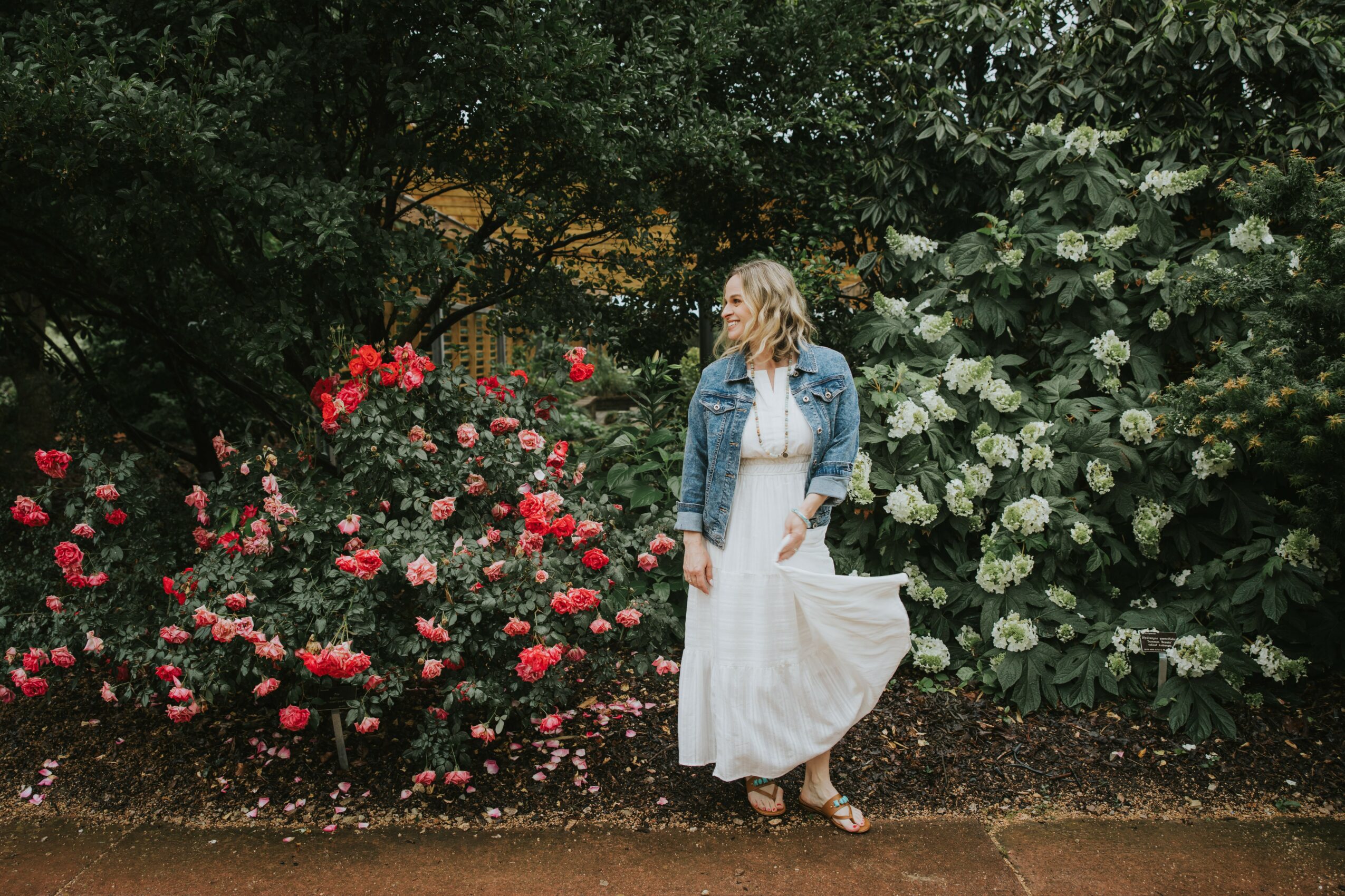 Woman in a white dress and denim jacket standing near pink and white roses in a garden.