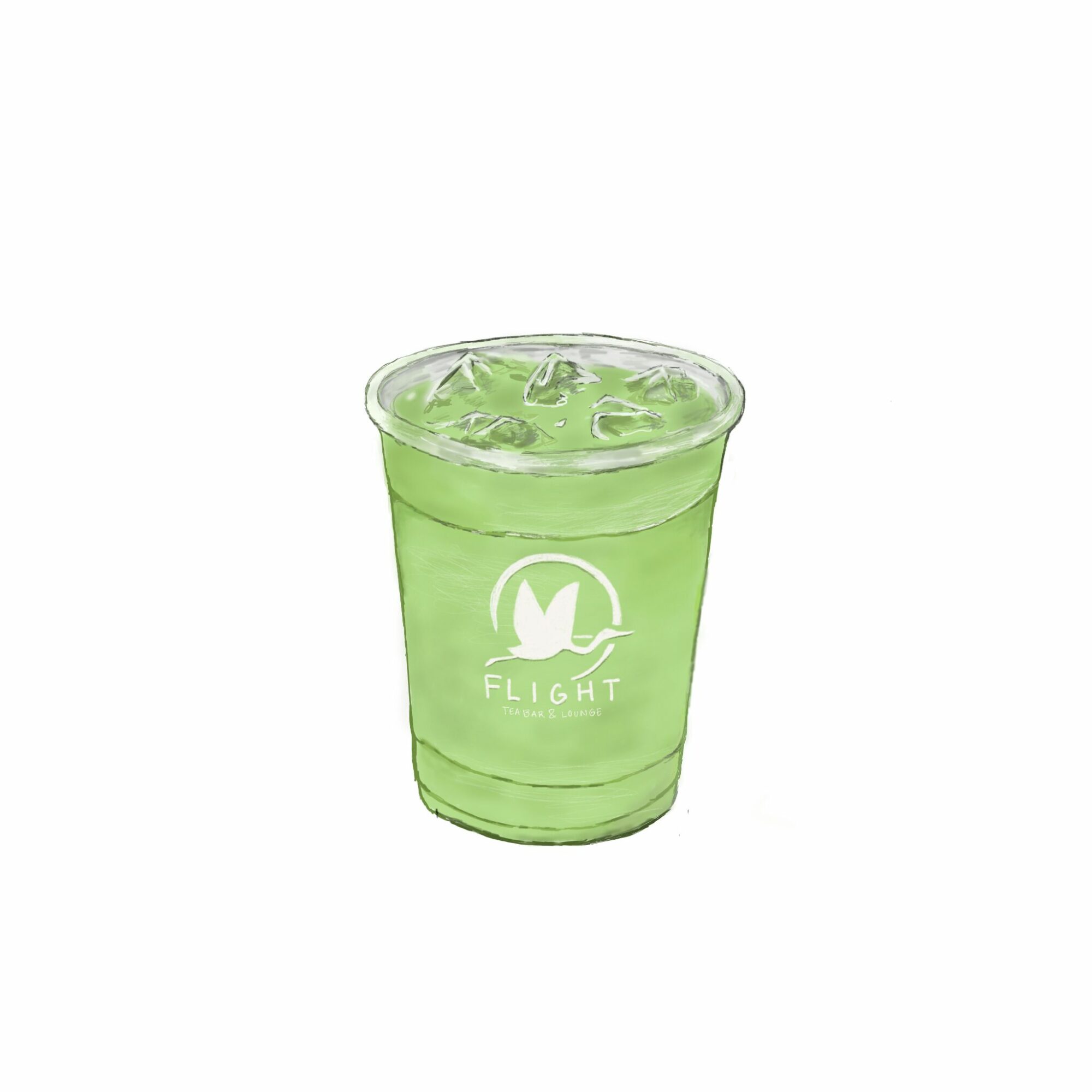 Green beverage in a clear cup with a logo, ice cubes visible, on a white background.