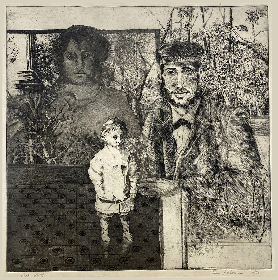Three people, two adults and one child, in a room with patterned flooring and a window with trees outside.