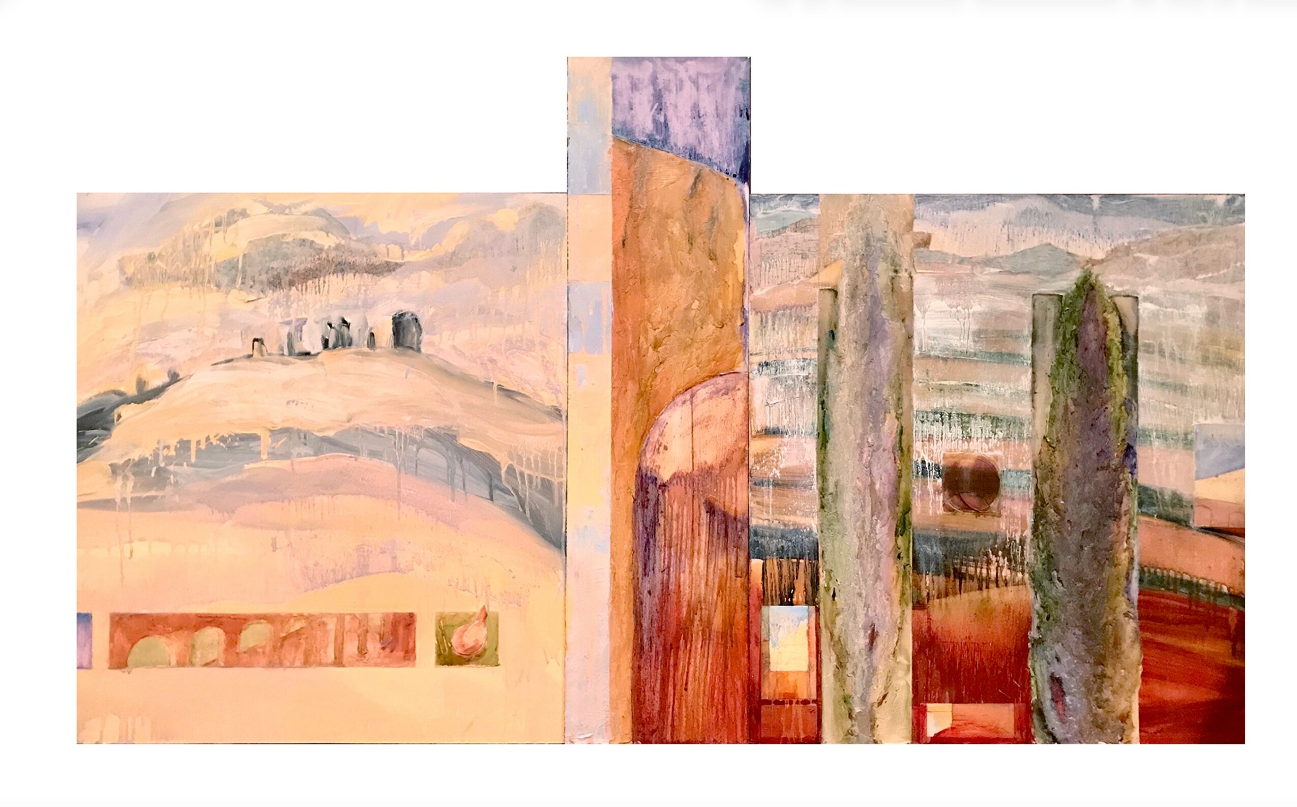 Abstract landscape painting with buildings, trees, and sky in pastel colors, divided into three vertical sections.
