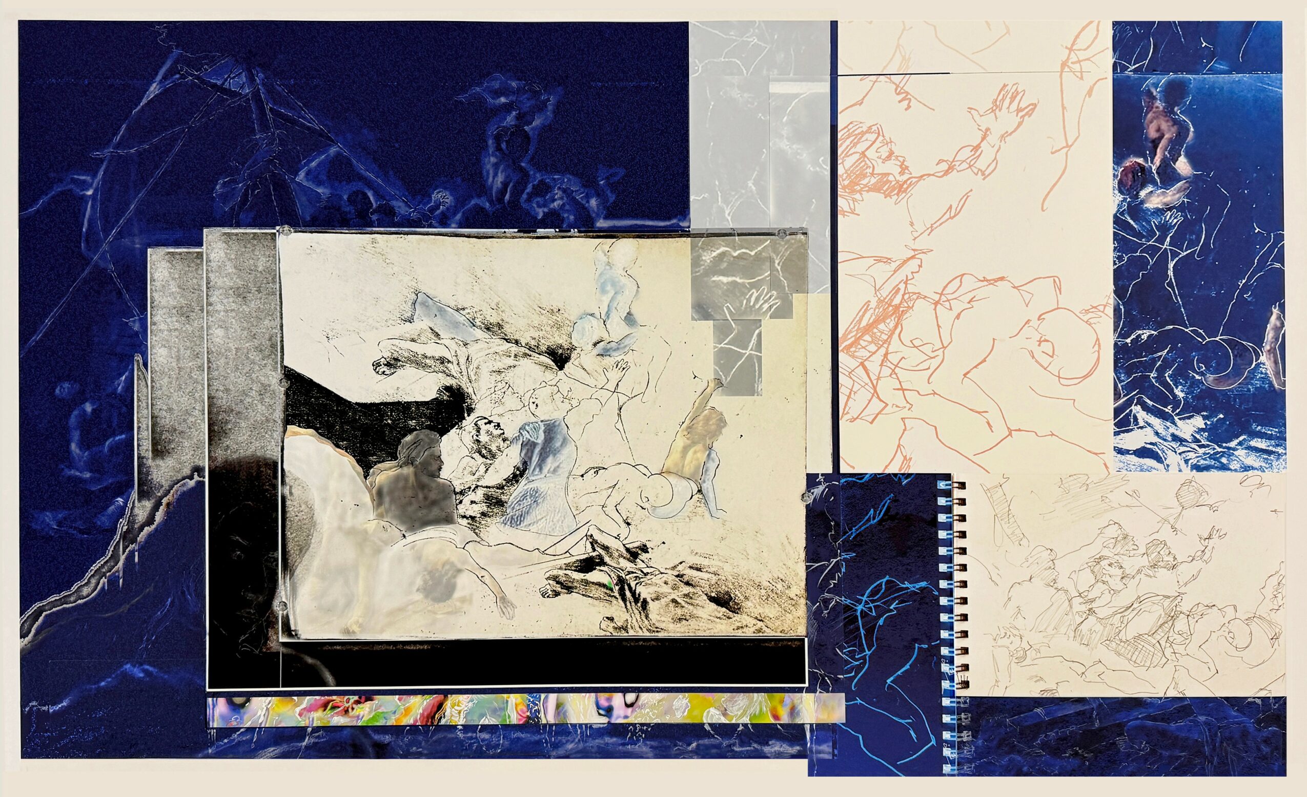 Multiple overlapping art pieces with abstract and sketch-like elements, including blue, white, and beige tones, arranged in a collage.
