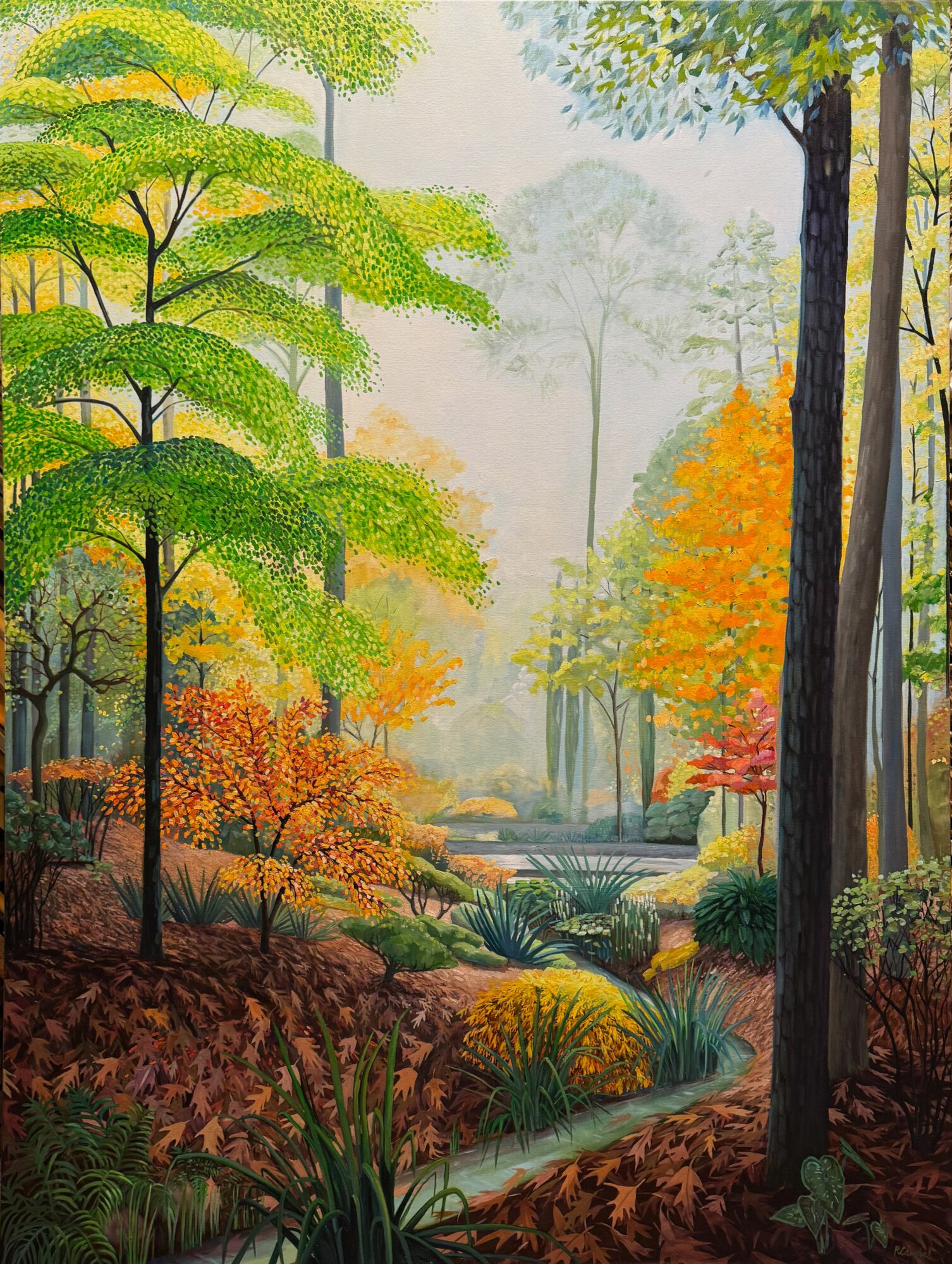 A colorful forest scene with trees, bushes, and a small stream, showcasing autumn and spring foliage.