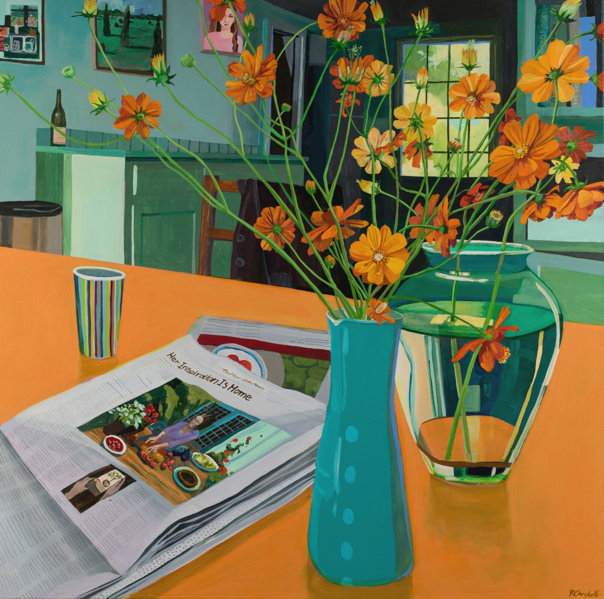 Vase with orange flowers on a table, newspaper, and a glass jar in a colorful kitchen.