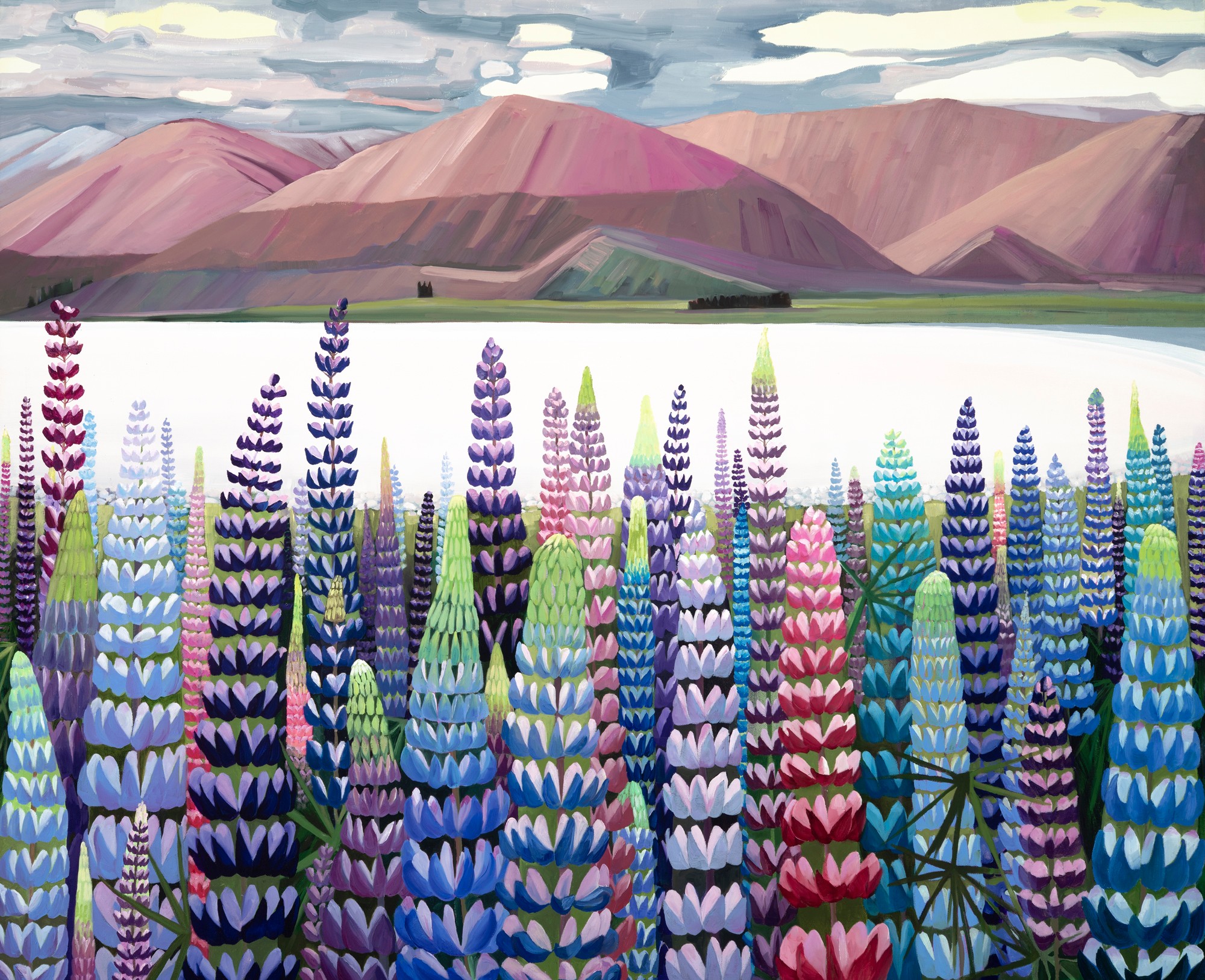 Colorful lupine flowers in foreground with mountains and sky in background, landscape scene, vibrant colors, watercolor style.