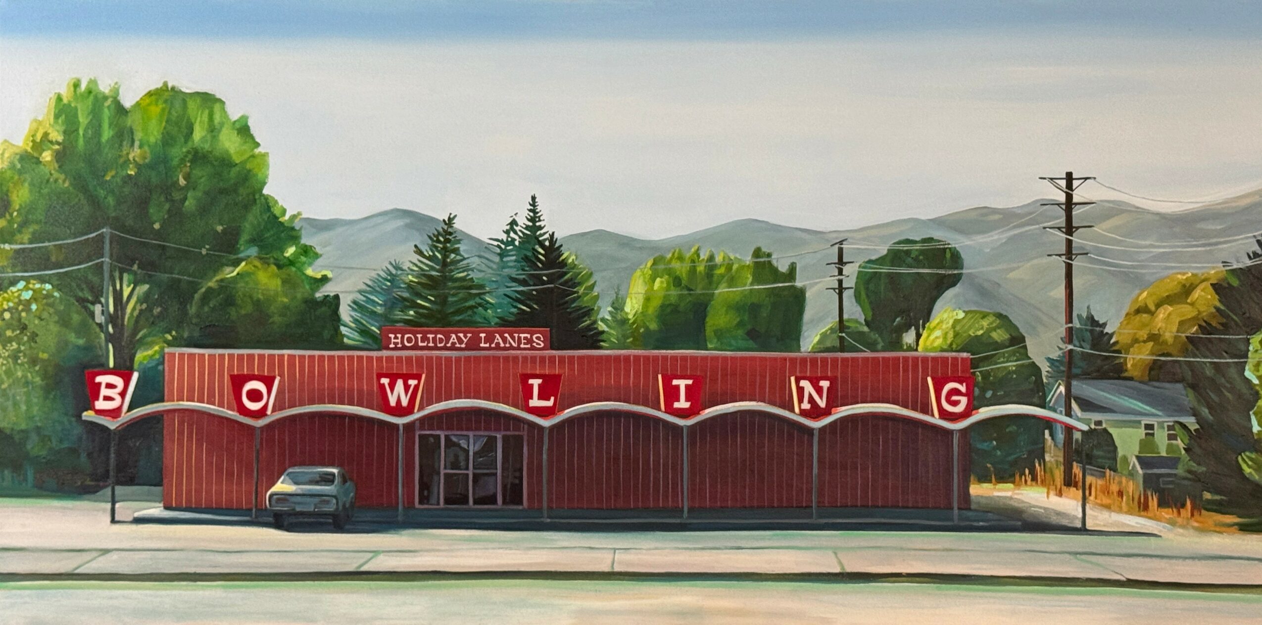Red building with large white letters spelling 'WOLING' on the front, parked car, trees, and power lines in background.