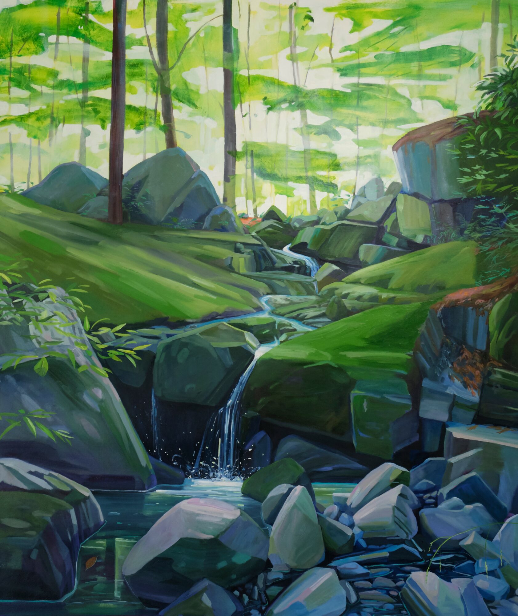 A lush green forest with a small waterfall flowing over rocks, surrounded by trees and foliage.