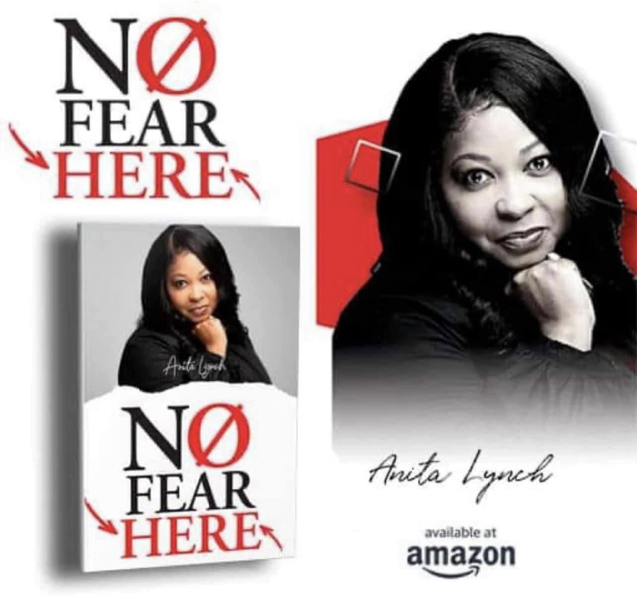 Book cover with the title 'No Fear Here' and a woman with long dark hair, resting her chin on her hand.