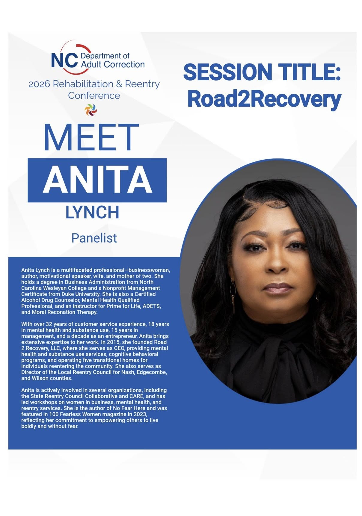Conference poster featuring a woman with dark hair, text about a session titled Road2Recovery, and details about Anita Lynch as a panelist.