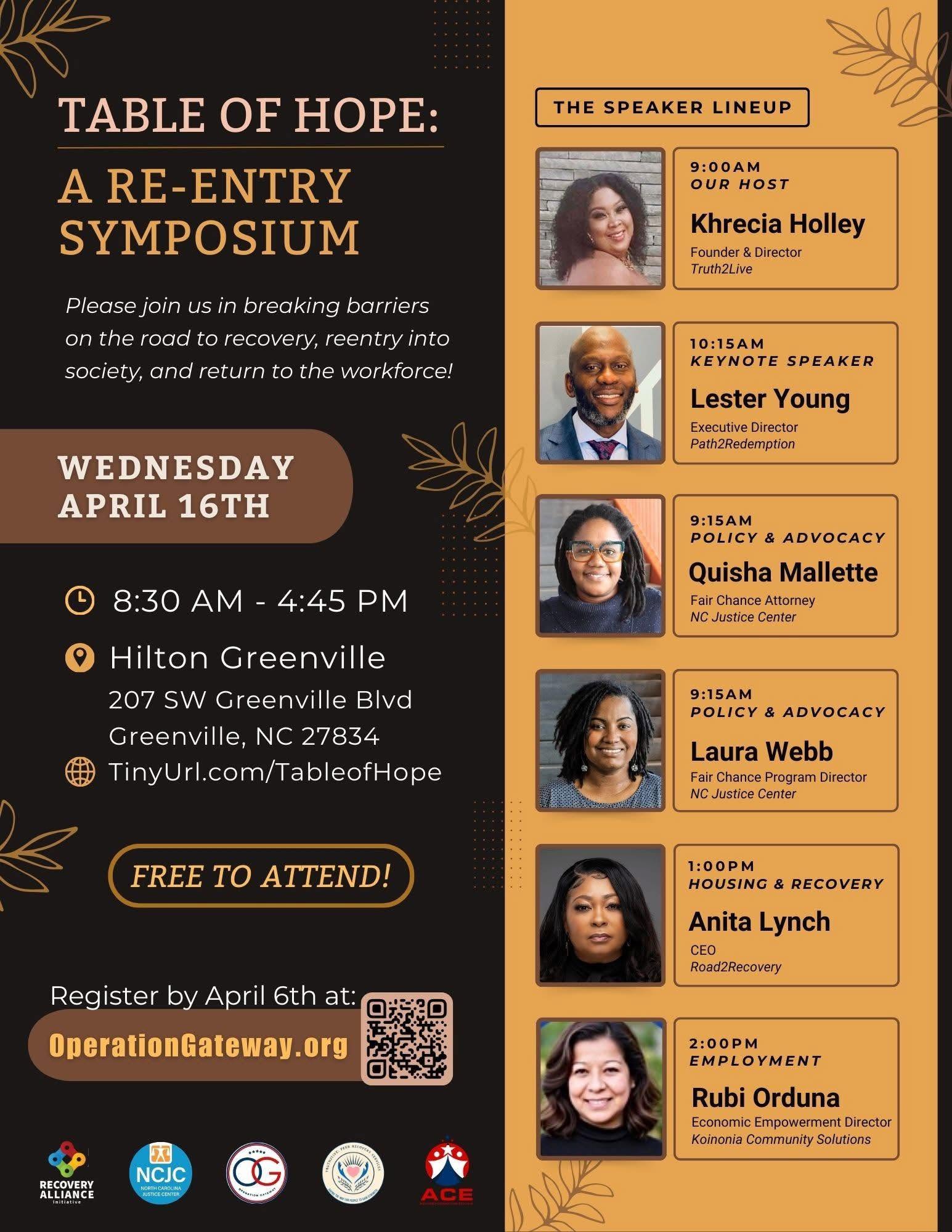 Event poster for a symposium titled 'Table of Hope' on April 16th at Hilton Greenville, featuring speakers and free attendance details.