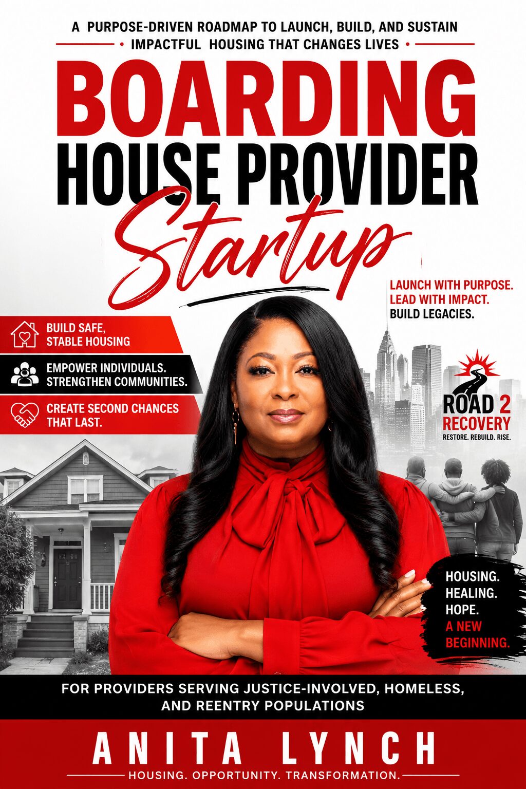 Cover of a book titled 'Boarding House Provider Startup' featuring a woman in a red shirt, with a house and cityscape in the background.