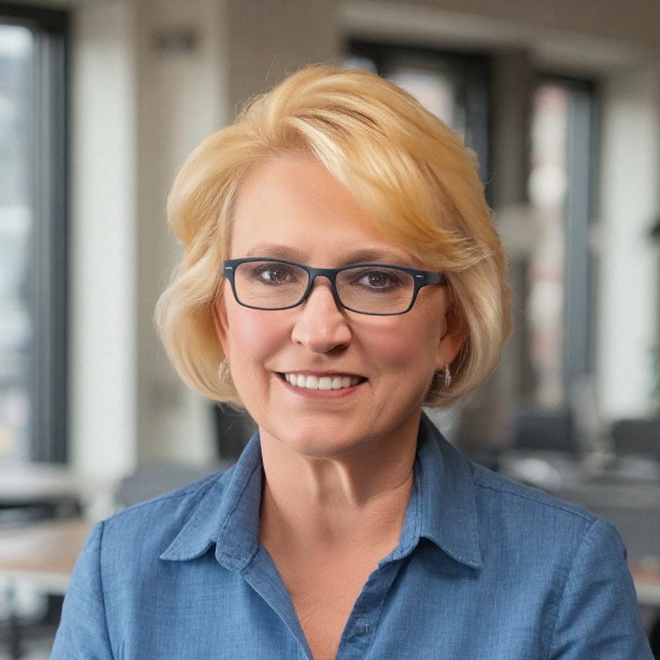 Woman with blonde hair, glasses, smiling, wearing a blue shirt, in an indoor setting with large windows.