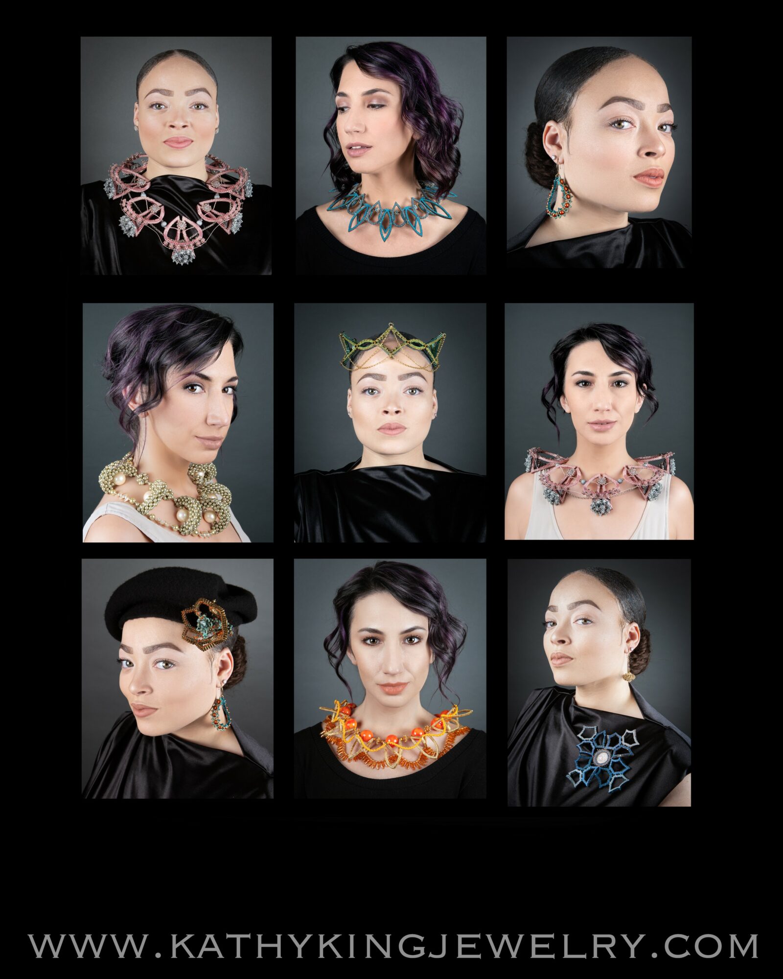 Nine women wearing various jewelry and black clothing, arranged in a 3x3 grid, with a dark background.