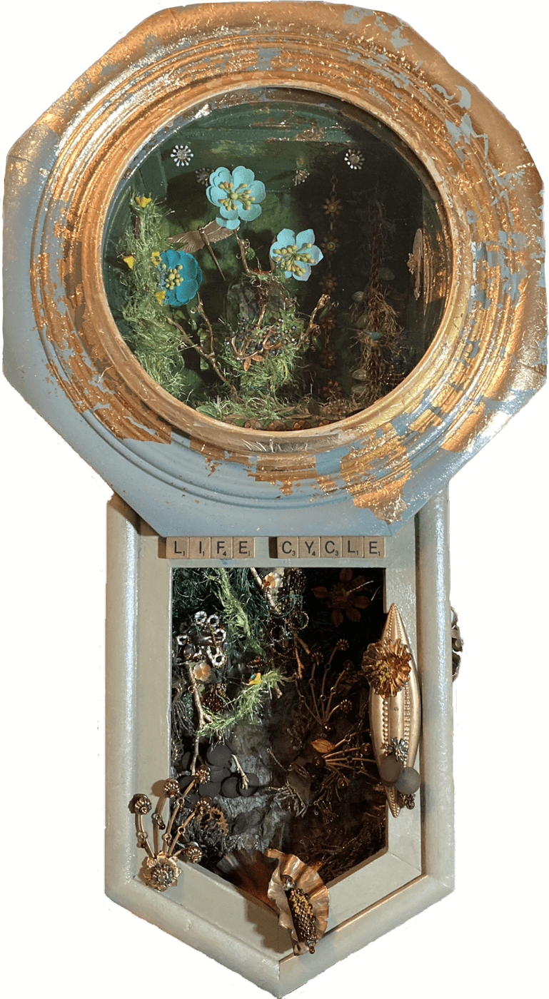 Circular window with plants and flowers, above a display case with objects, labeled 'LIFE CYCLE'.