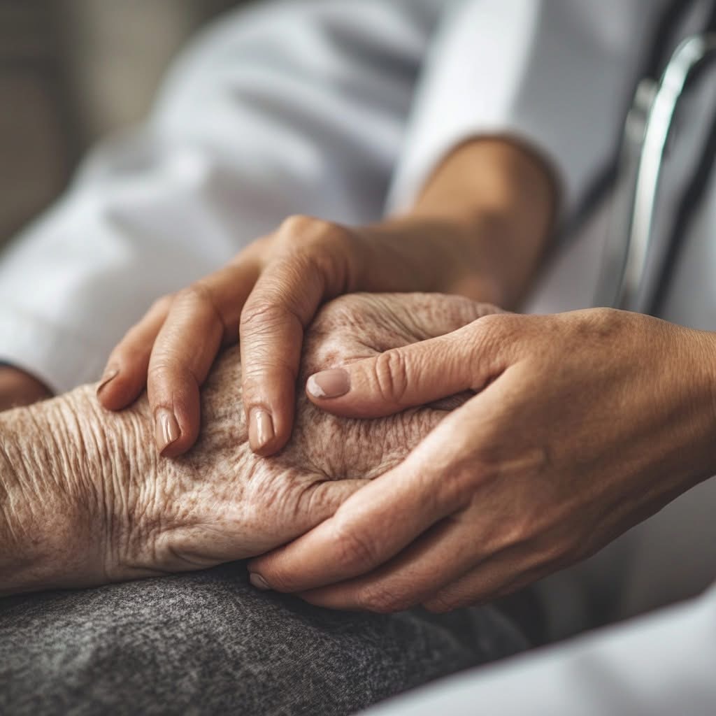 Person gently holding an elderly person's hand, showing care and support, close-up of hands, neutral background.