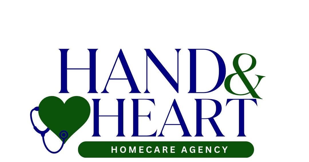 Logo with text 'HAND & HEART' and a stethoscope forming a heart, with 'HOMECARE AGENCY' below, on a white background.