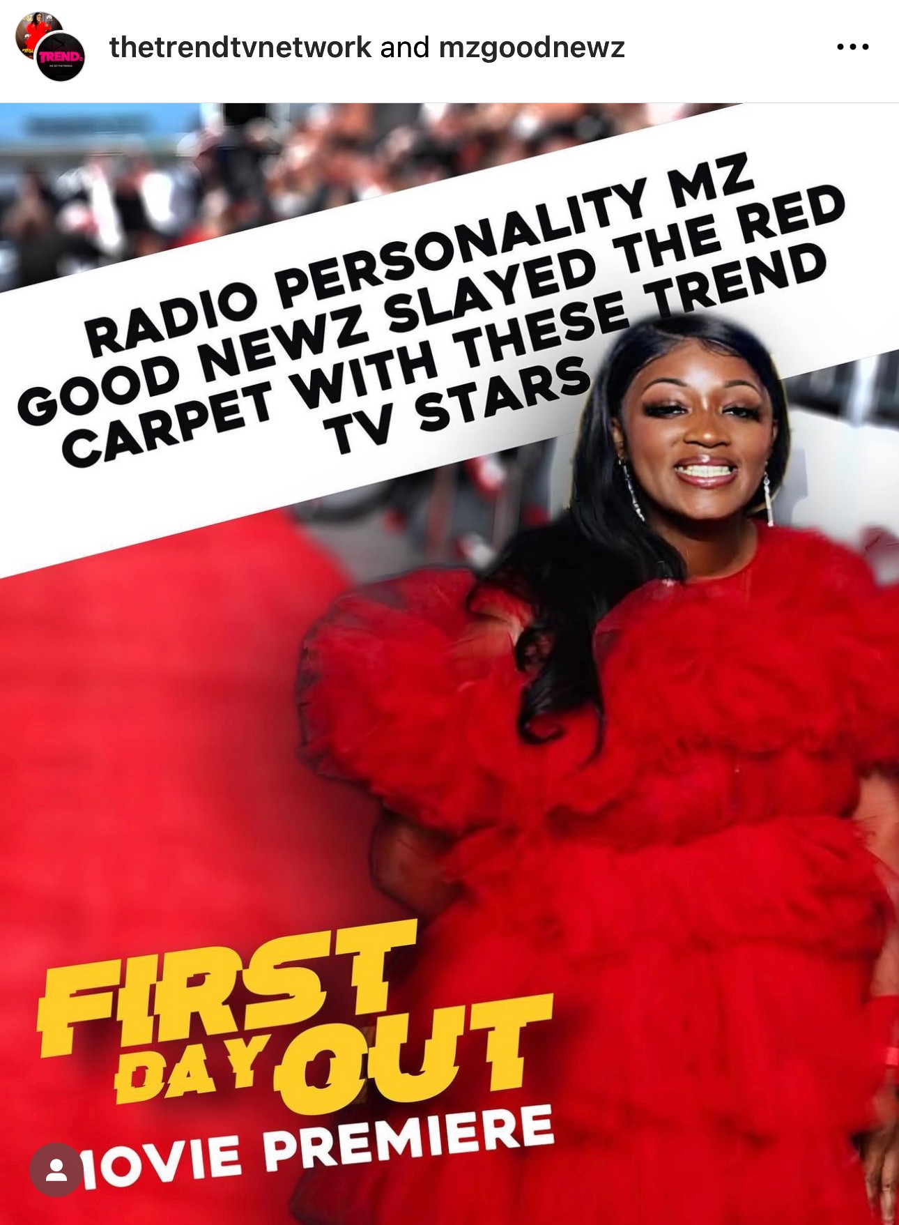 Woman in red dress smiling at event with text about TV stars and premiere, background shows a crowd.