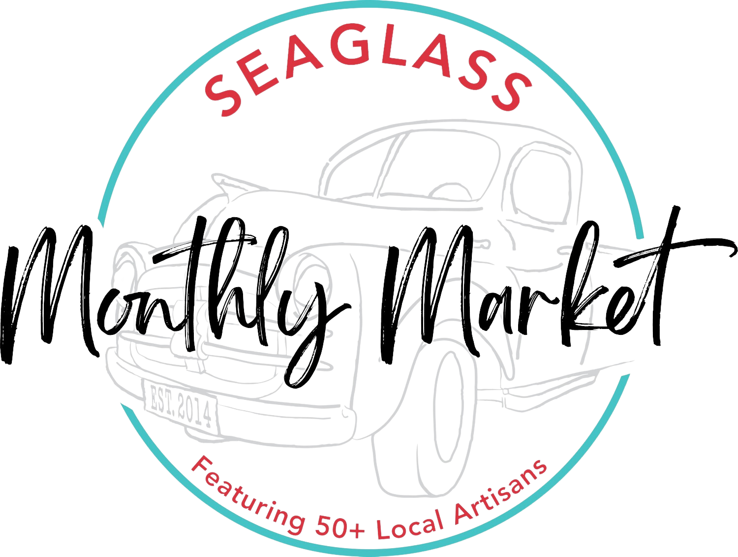Neon-style logo with a vintage truck, text 'SEAGLASS', and 'Featuring 50+ Local Artisans' in a circle.