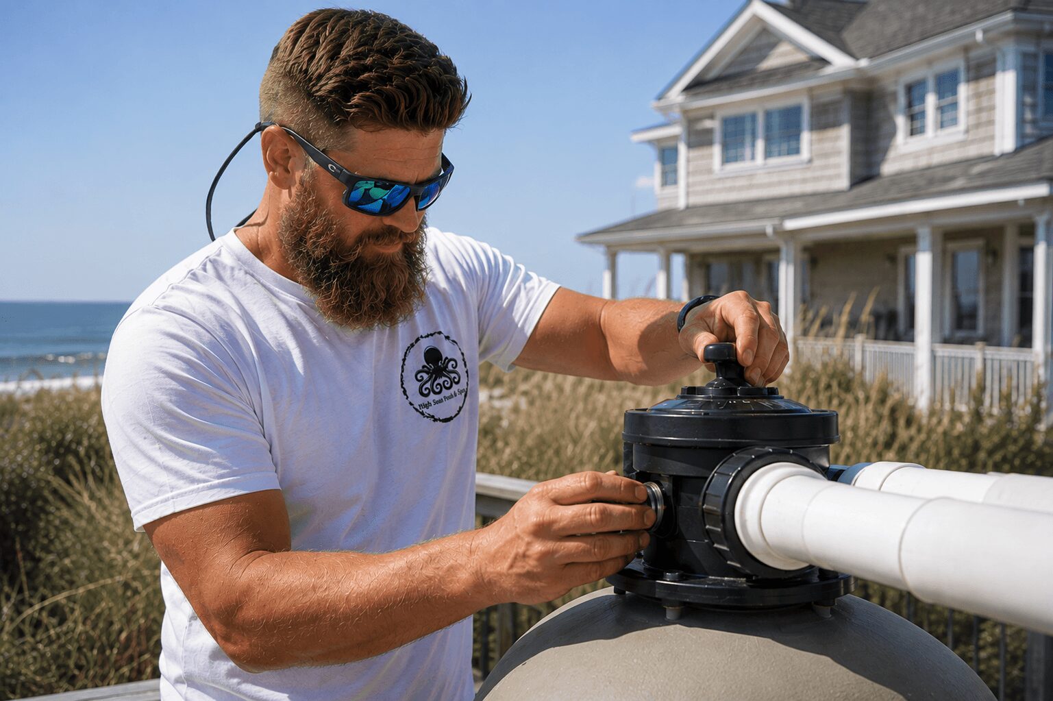 Man with sunglasses and beard adjusting equipment outdoors near a house, with beach and ocean in background.