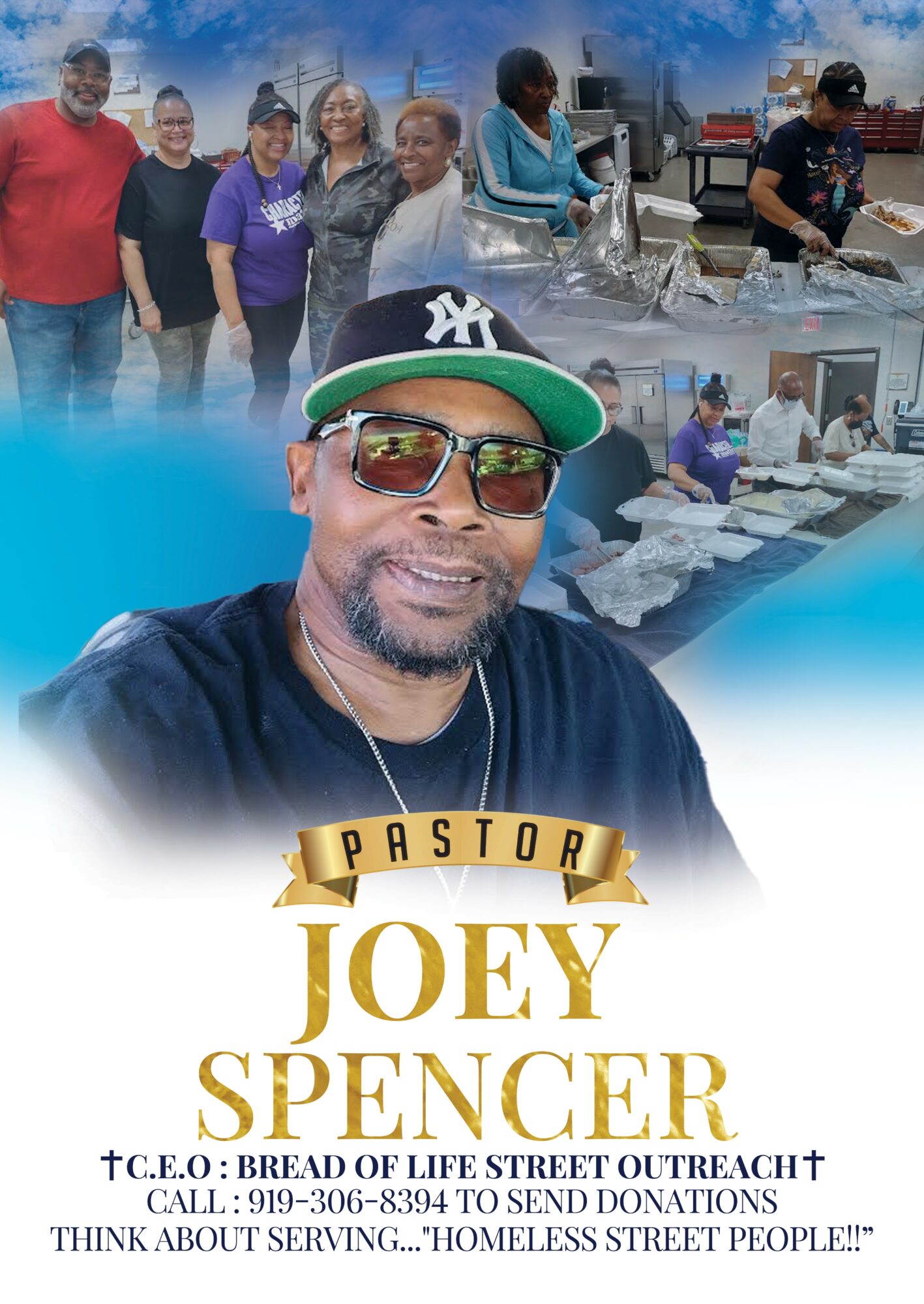 Group of people and a man wearing sunglasses and a New York Yankees cap, smiling, with a church or community event background.