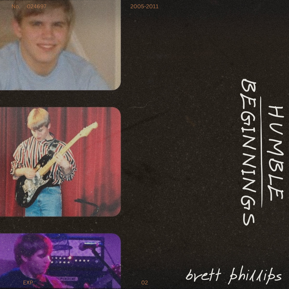 Three photos of a young person: smiling, playing guitar, and at a keyboard, with text 'HUMBLE BEGINNINGS' and 'brett phillips'.
