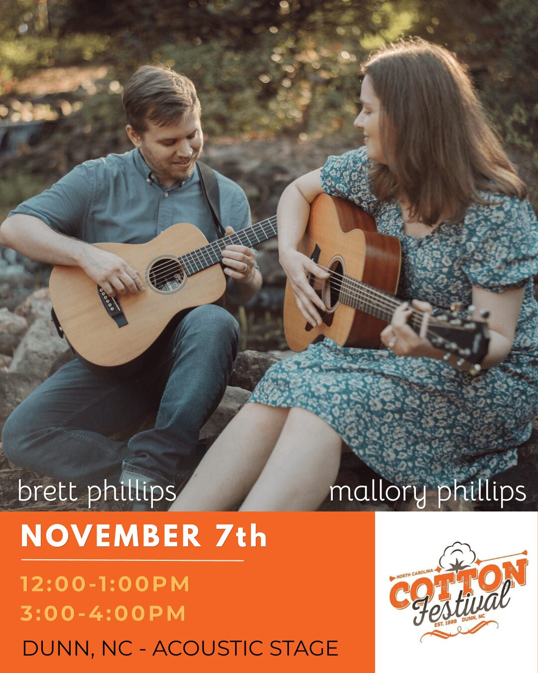A young man and woman sit outdoors playing acoustic guitars, engaged in music. The scene is warm and natural. Word count: 20.