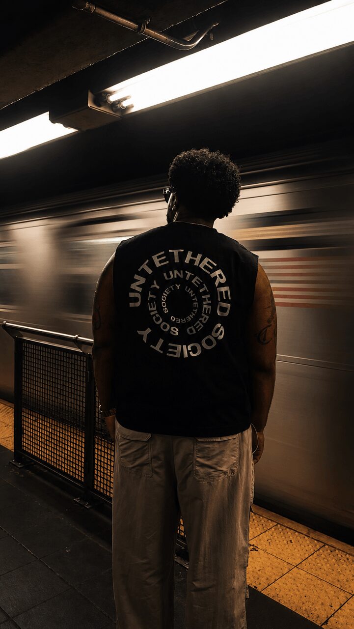 Person with curly hair wearing a black jacket with white text, standing on a subway platform facing a moving train.