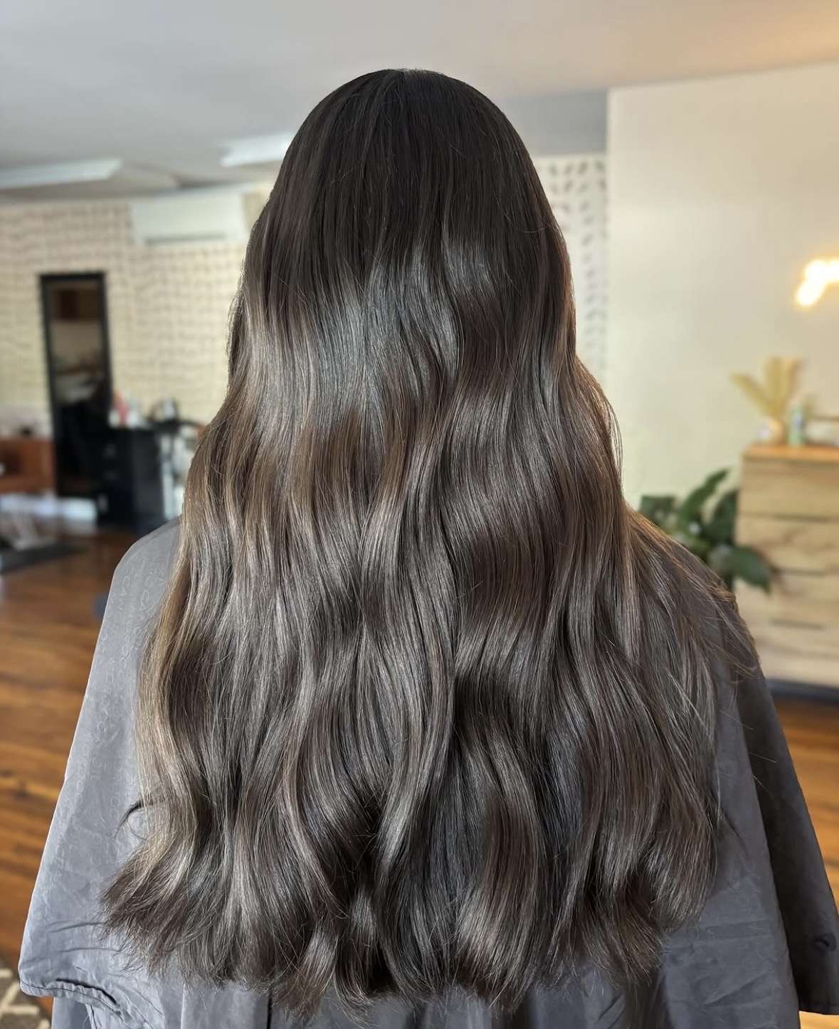 Back view of long, wavy, dark brown hair in an indoor setting with furniture and plants visible.
