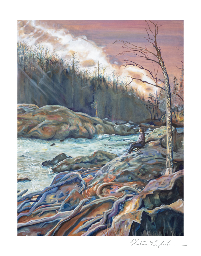 River flowing over rocks with leafless trees and smoke in the sky, sunset or sunrise colors, natural landscape.