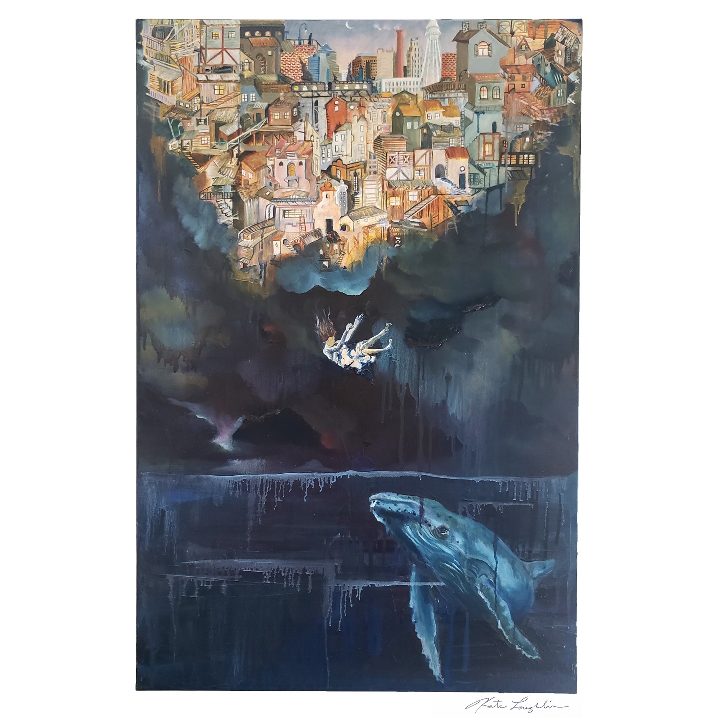 A cityscape above a dark ocean with a whale and a person falling into the water, painted in a surreal style.