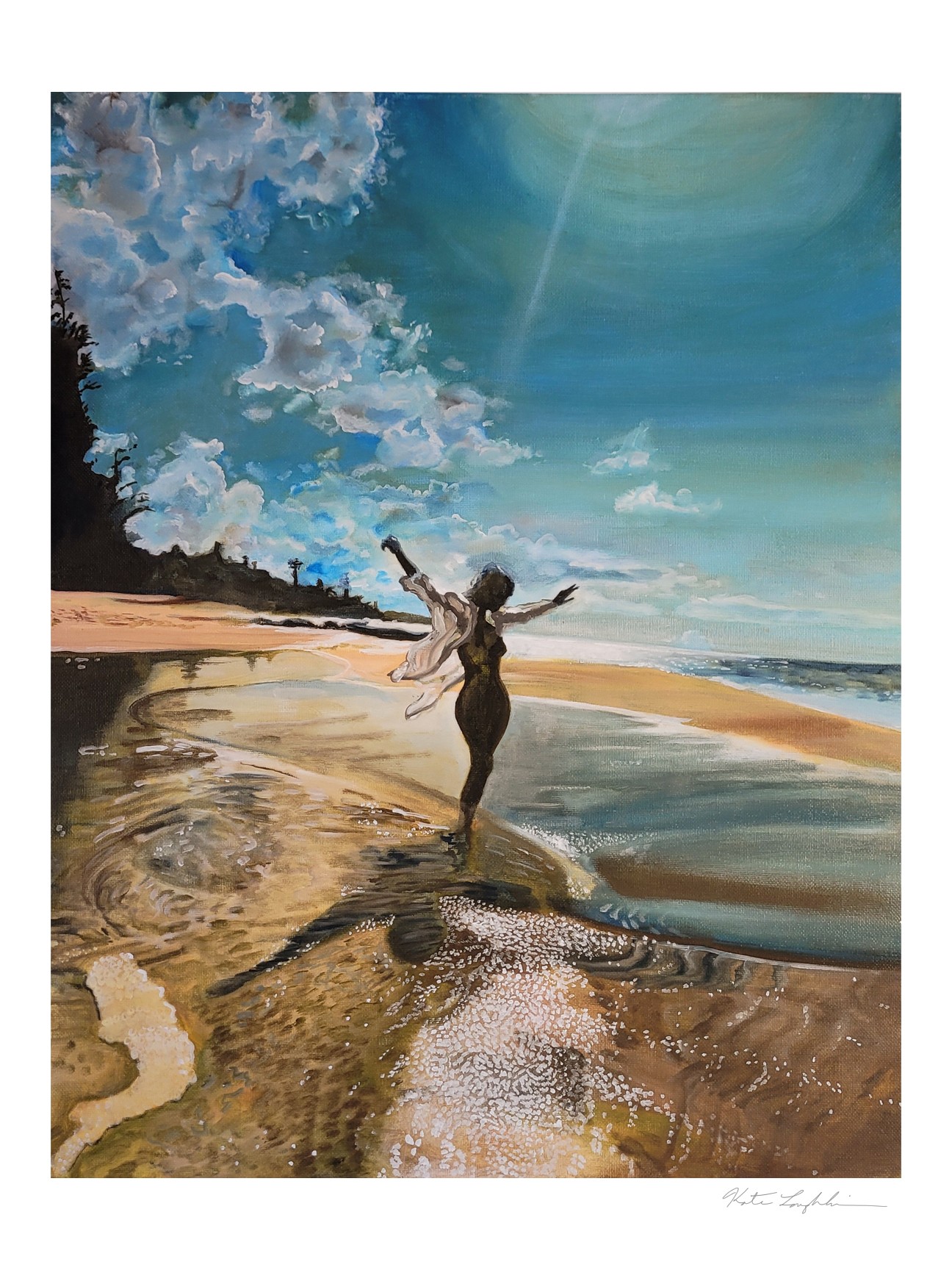 Person standing on a rock at the beach with arms raised, ocean waves, blue sky, and clouds in background.
