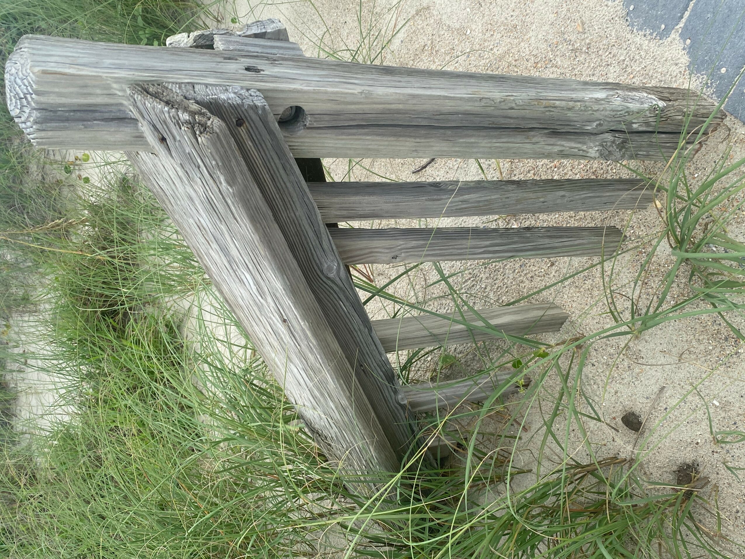 Weathered wooden structure leaning on sand with grass and plants nearby.