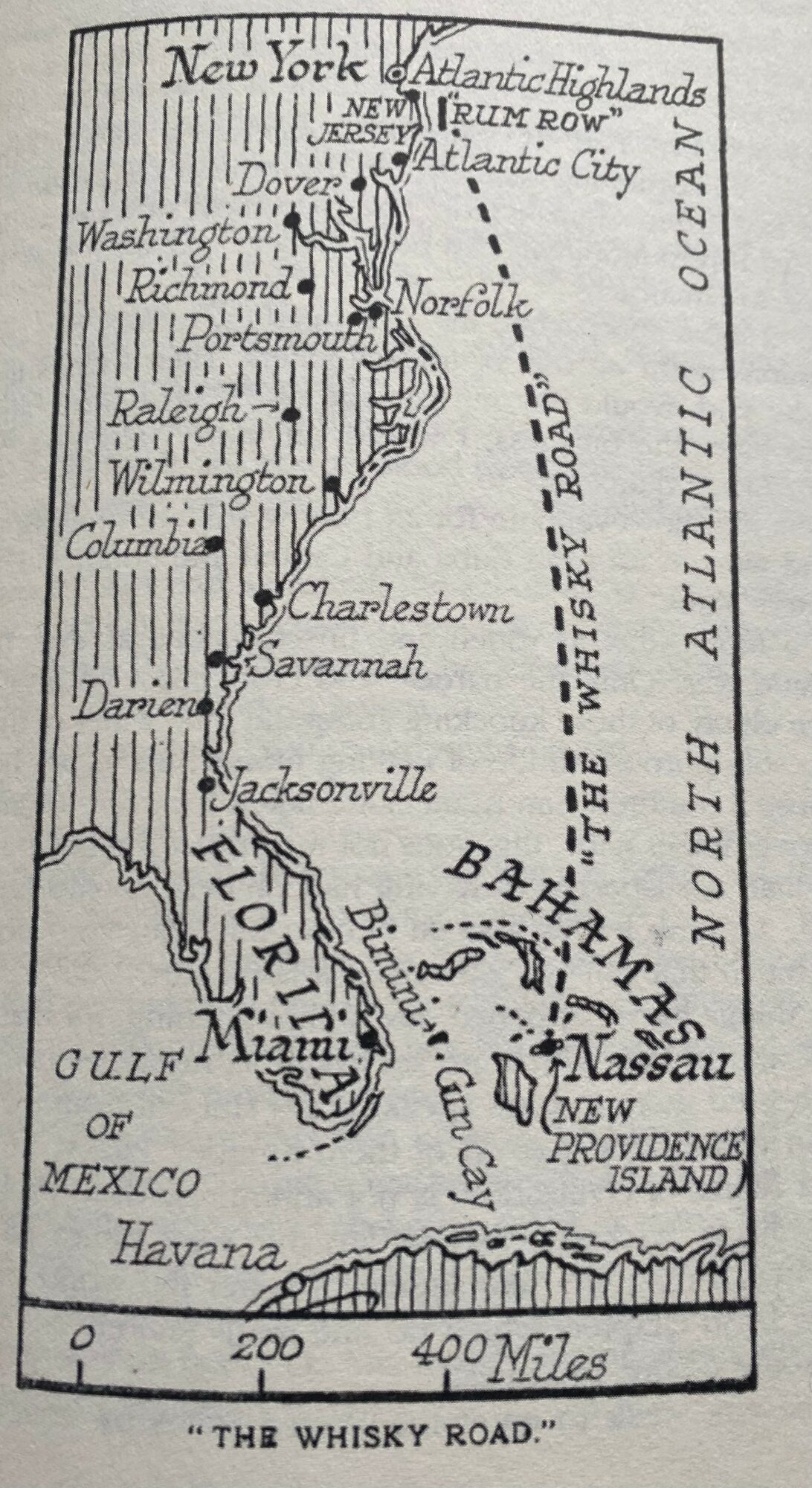 Map of the eastern United States showing states, cities, and the Atlantic Ocean, with a scale bar at the bottom.