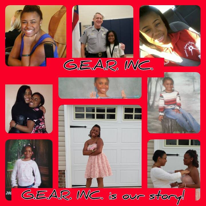 Collage of eight photos featuring children and adults, with text 'G.E.A.R. INC.' and 'G.E.A.R. INC. is our story!'.