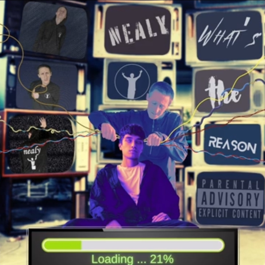 Two young men in front of a colorful screen display with text and graphics, one sitting and one standing behind him.