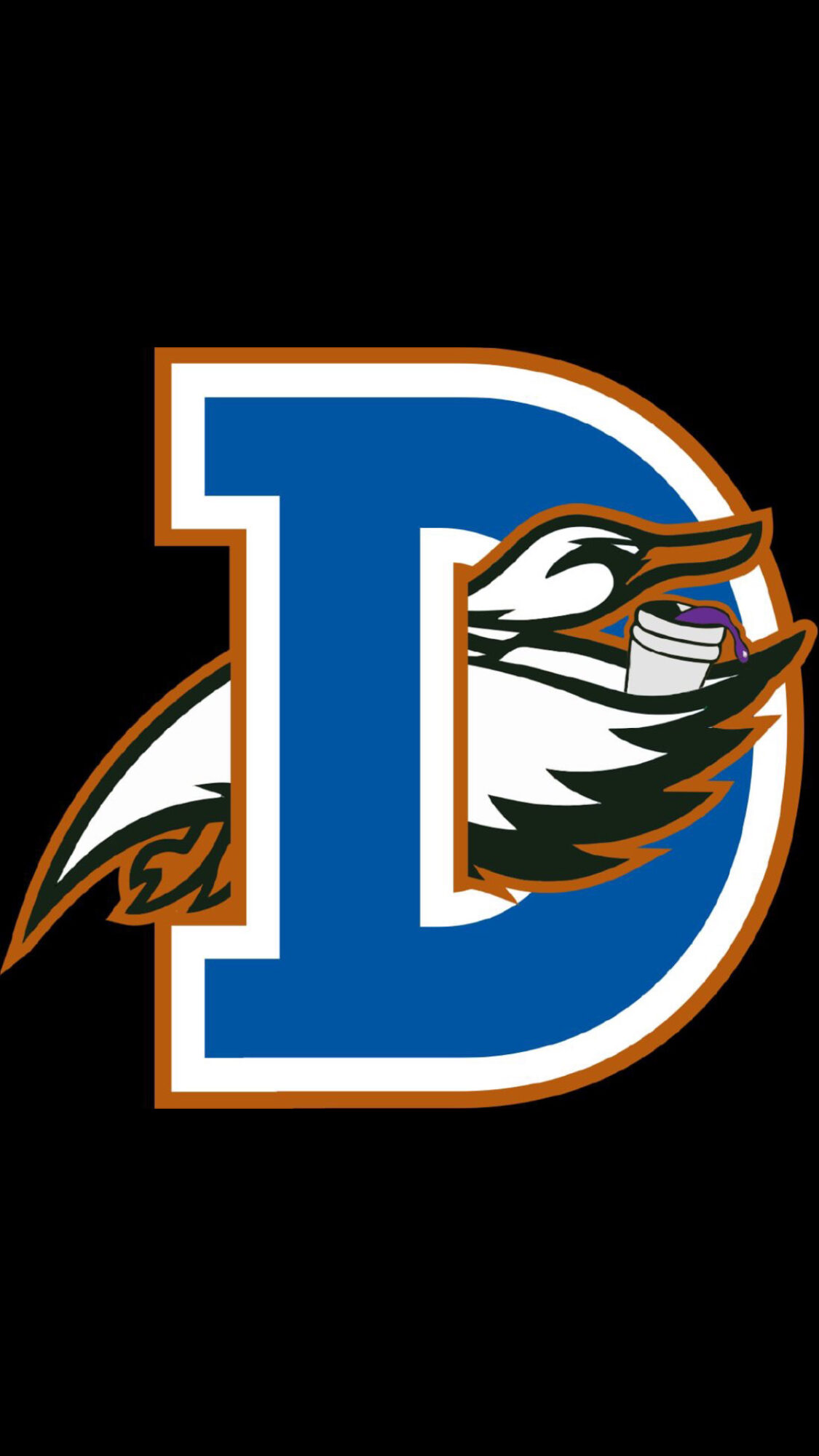 Logo with a large blue letter D and a stylized eagle head with a purple and white striped beak, black background.