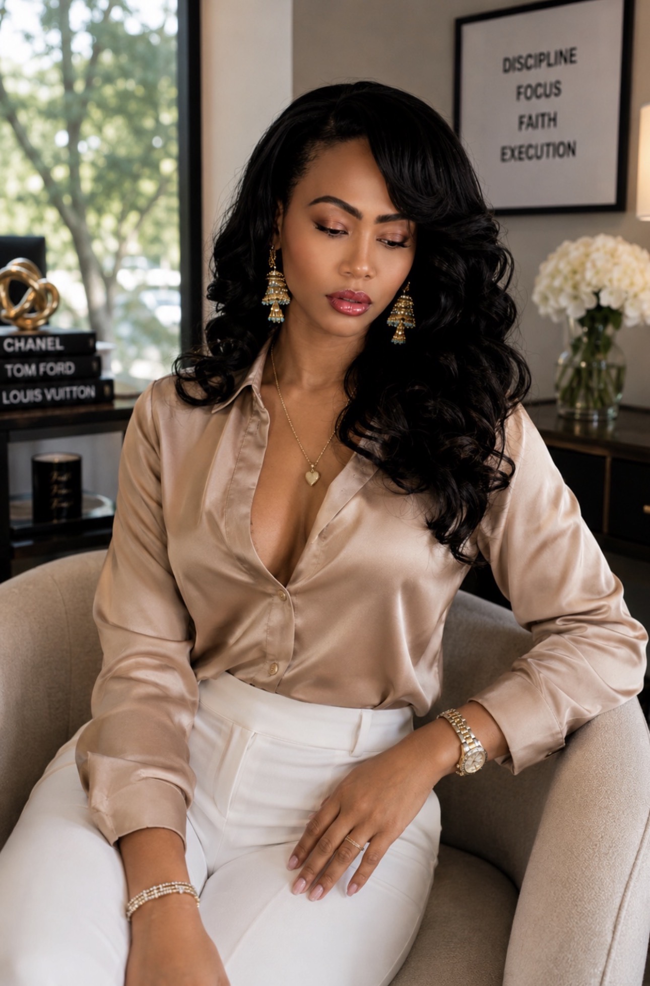 Woman with dark curly hair wearing a satin beige blouse and white skirt, sitting on a chair indoors, with a window and framed quote behind her.