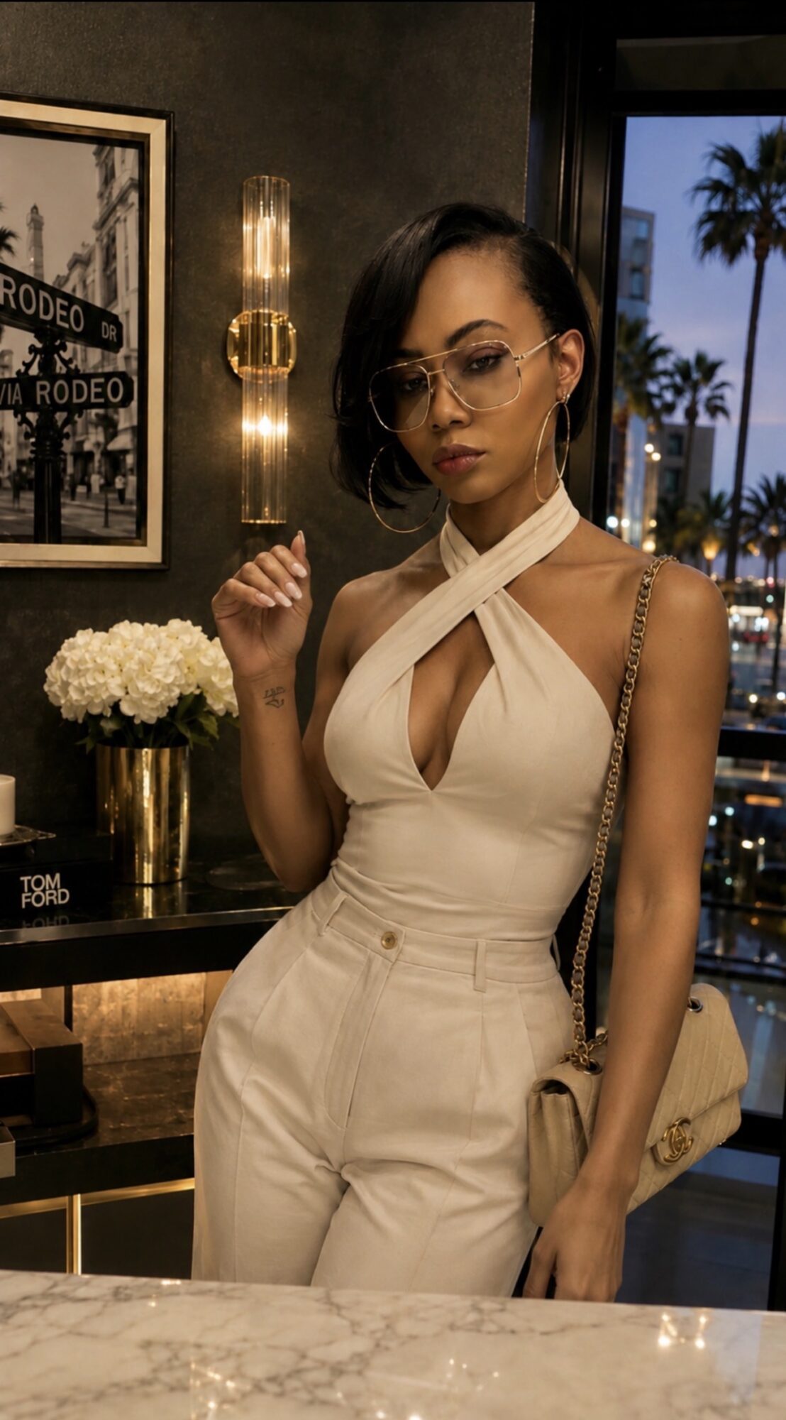 Woman with short black hair and glasses in a white dress with a keyhole neckline, standing indoors near a window with palm trees outside.